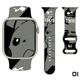 Bracelet apple watch en silicone gris et noir avec design pikachu jeux olympiques tokyo 2020 et texte blanc