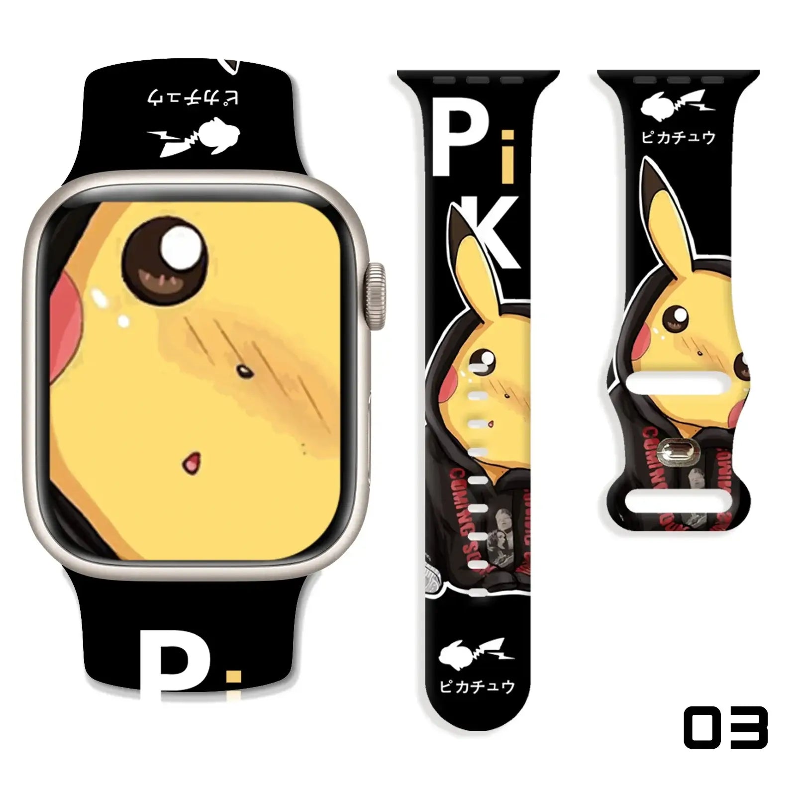 Bracelet apple watch pikachu noir avec personnage jaune et texte japonais pour apple watch pikachu