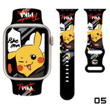 Bracelet apple watch noir thème pikachu avec design cartoon jaune vif et accents de texte rouges pour watch pikachu
