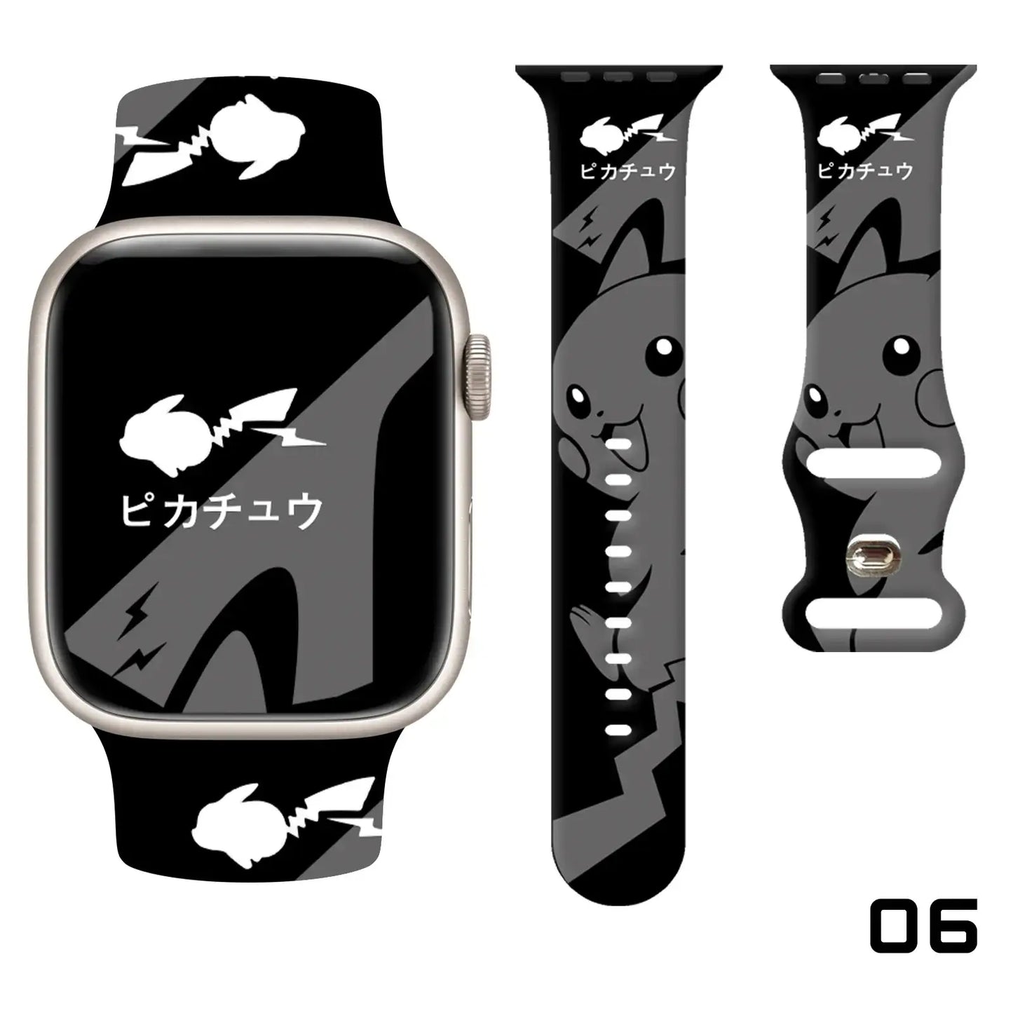 Bracelet apple watch pikachu en silicone noir avec design graphique gris et blanc pour apple watch pikachu