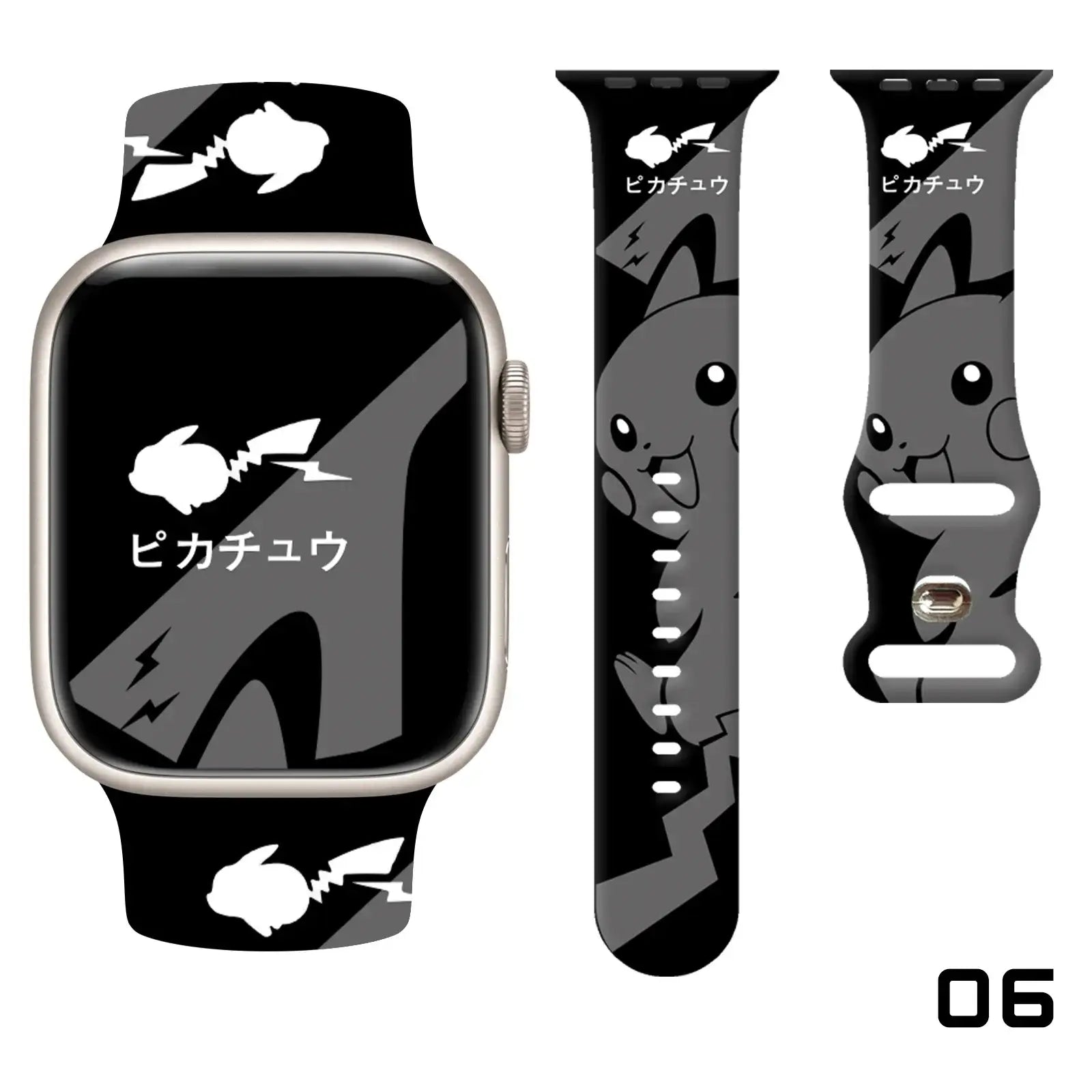 Bracelet apple watch pikachu en silicone noir avec design graphique gris et blanc pour apple watch pikachu