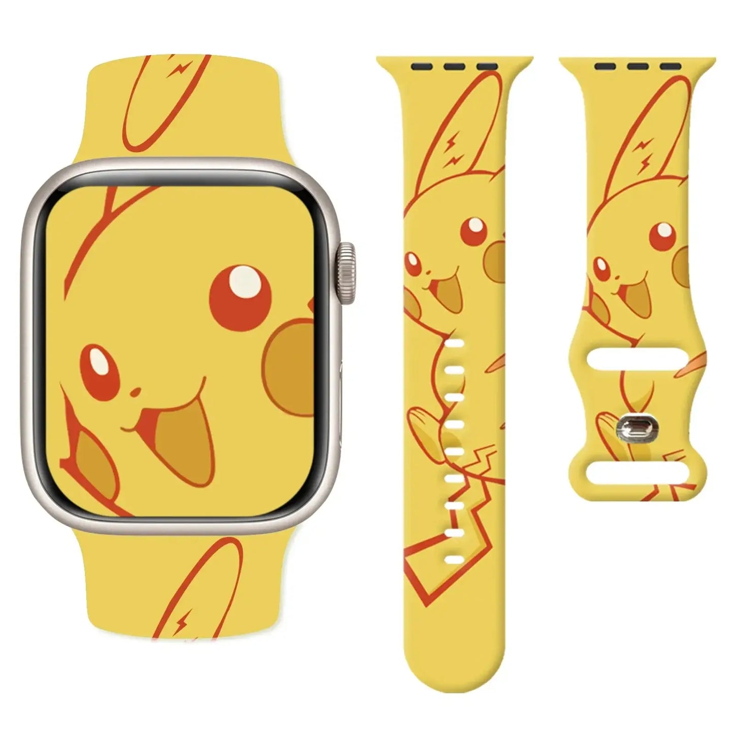 Bracelet apple watch en silicone jaune pikachu avec contours rouges et détails éclairs pour apple watch pokemon
