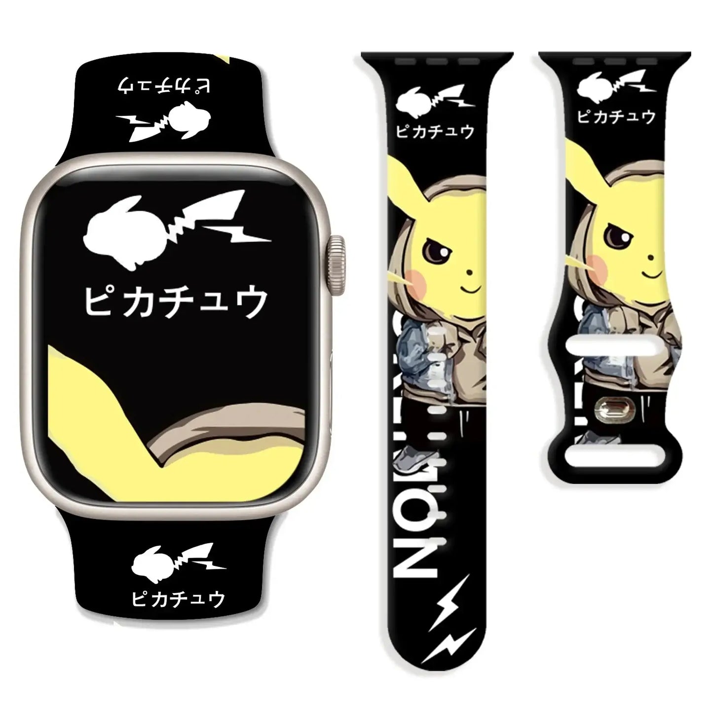 Bracelet apple watch pokemon noir avec design pikachu jaune et texte japonais blanc pour apple watch