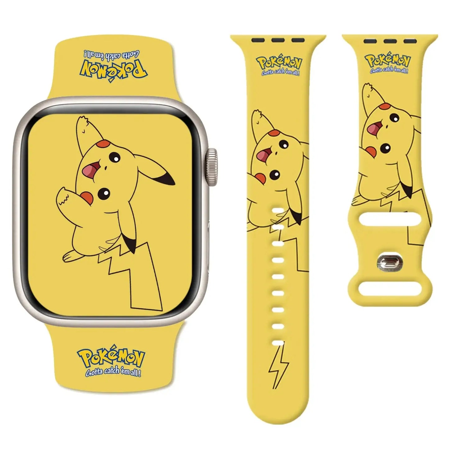 Bracelet apple watch jaune en silicone thème pikachu avec design cartoon et branding pokémon pour apple watch