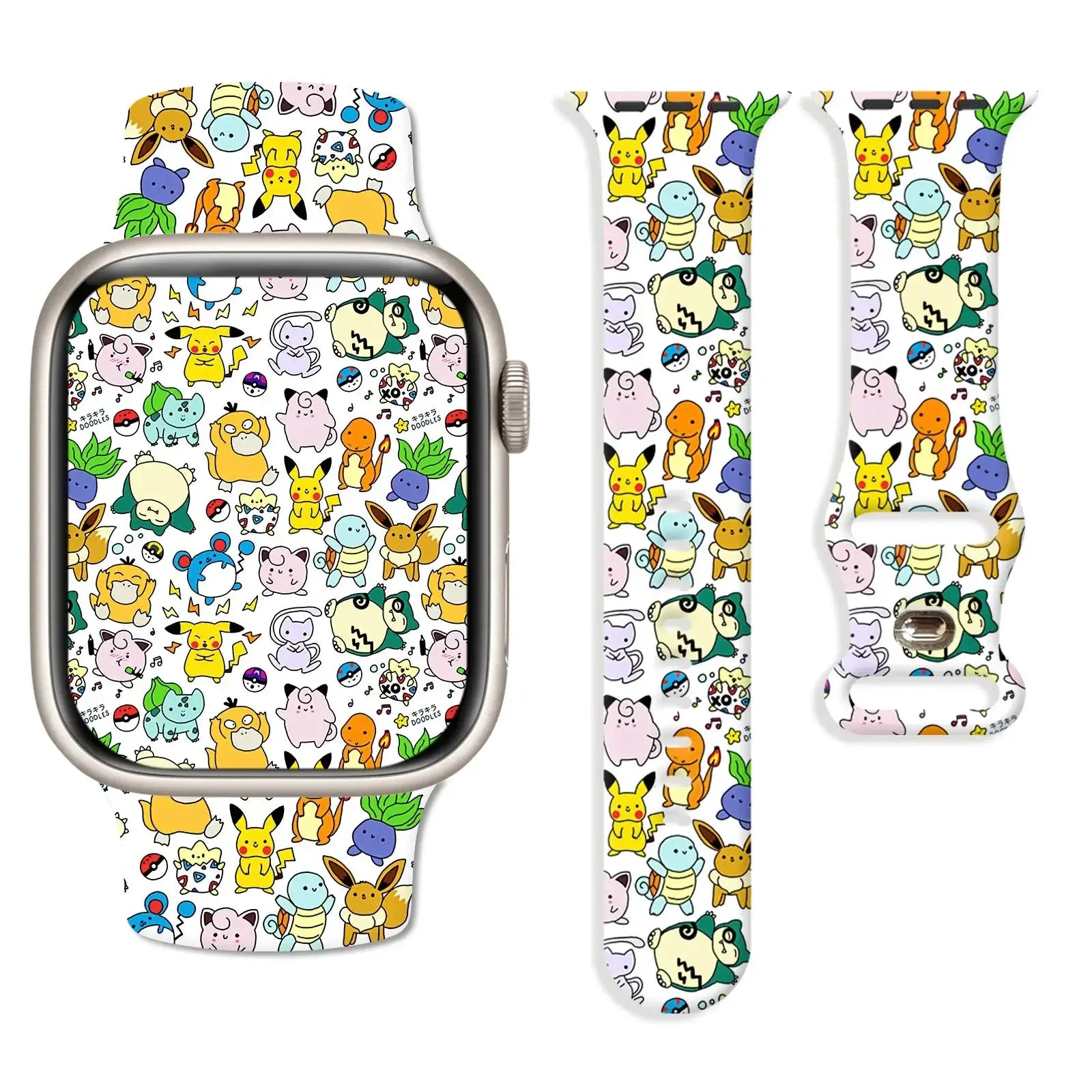 Bracelet apple watch en silicone blanc coloré avec motif pokémon jouet pikachu et carapuce