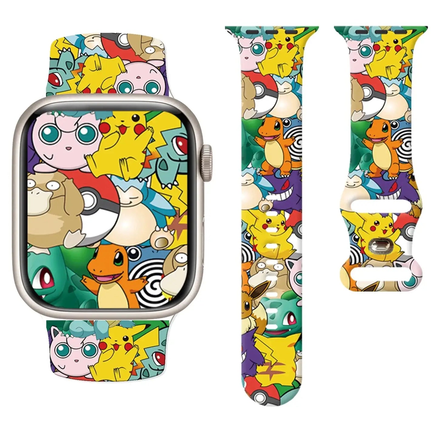 Bracelet apple watch en silicone coloré à thème pokémon avec pikachu et personnages cartoon vibrants