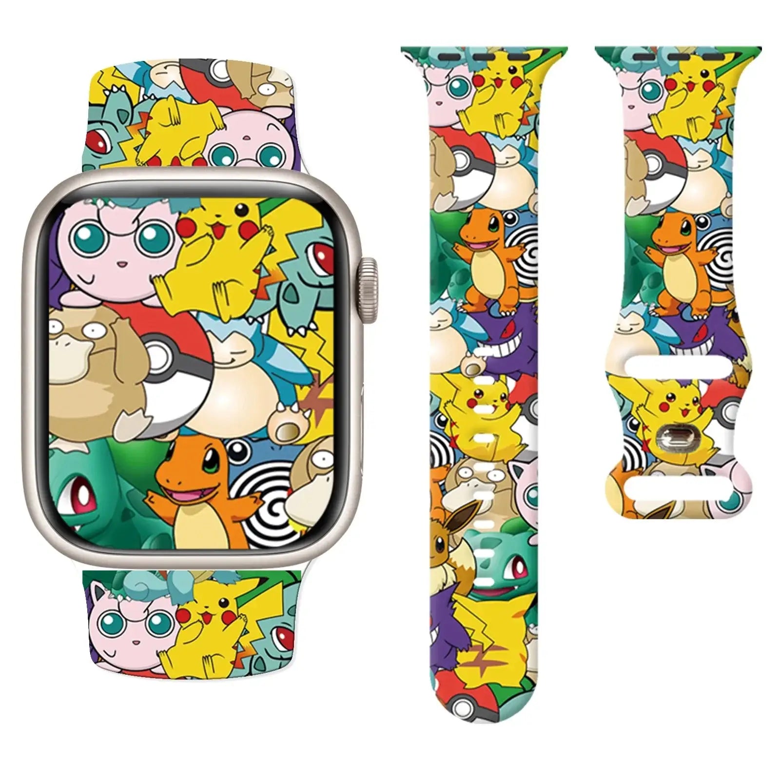 Bracelet apple watch en silicone coloré à thème pokémon avec pikachu et personnages cartoon vibrants