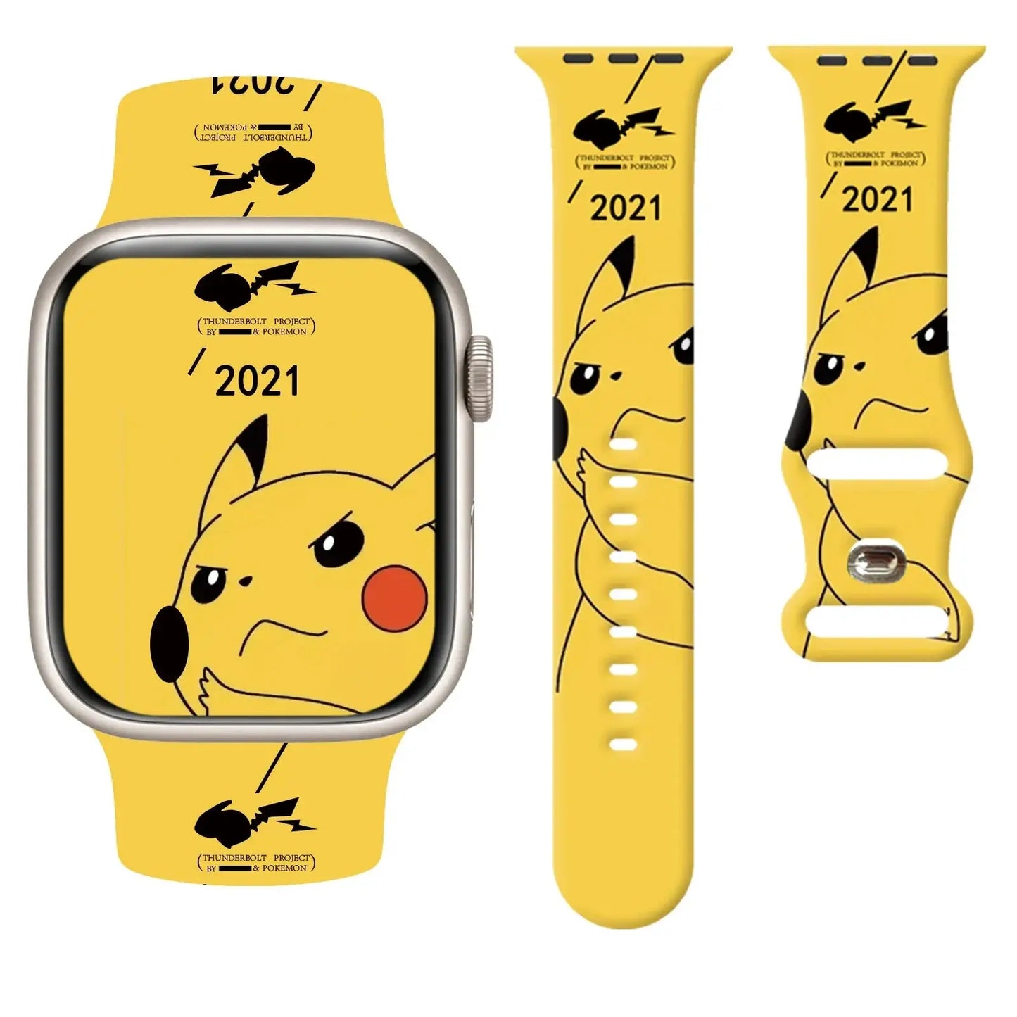 Bracelet apple watch en silicone jaune avec illustrations noires de pikachu et texte 2021 pour apple watch