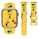 Bracelet apple watch en silicone jaune avec illustrations noires de pikachu et texte 2021 pour apple watch