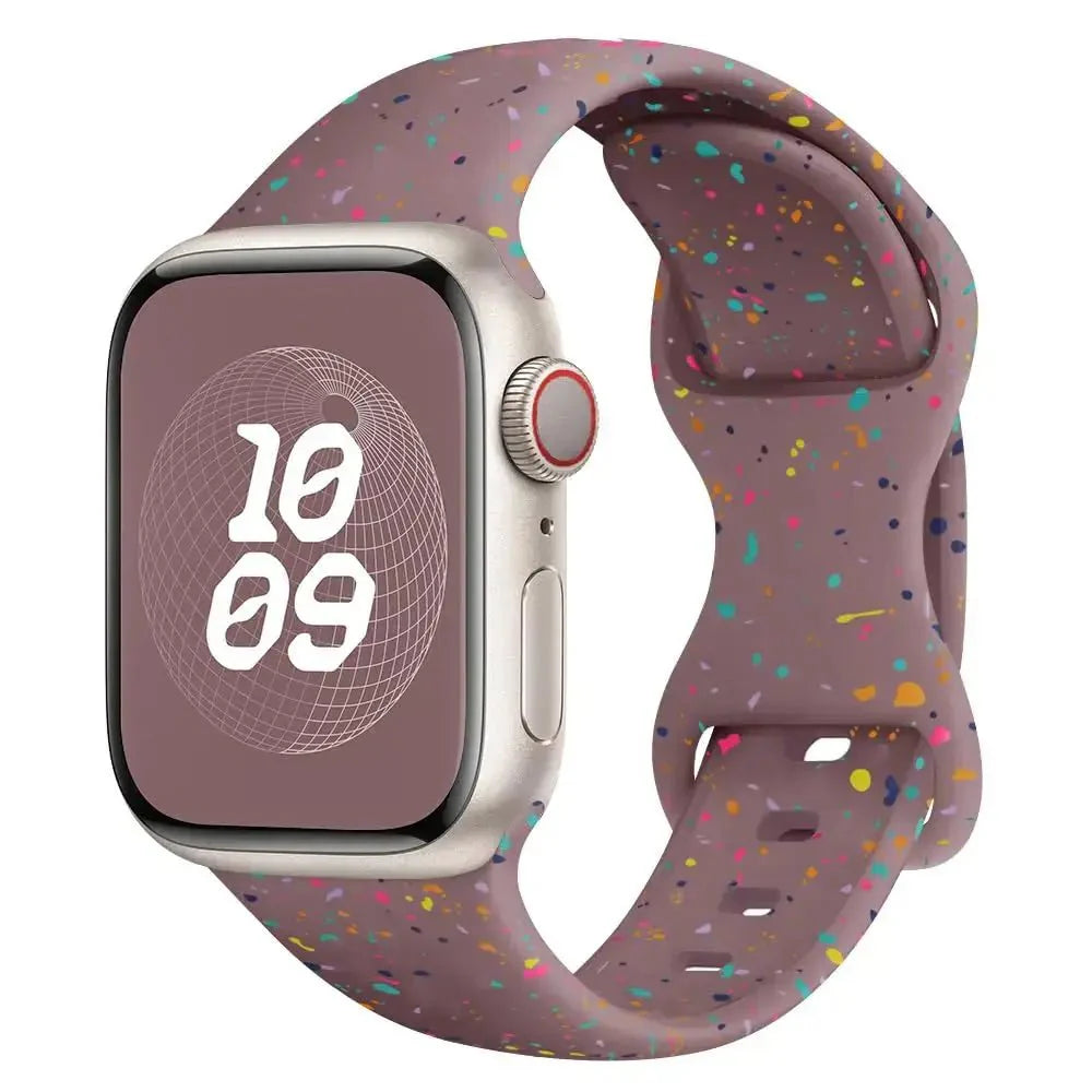 Bracelet sport apple watch ultra mauve à pois colorés en silicone ado montre pour un usage sportif élégant