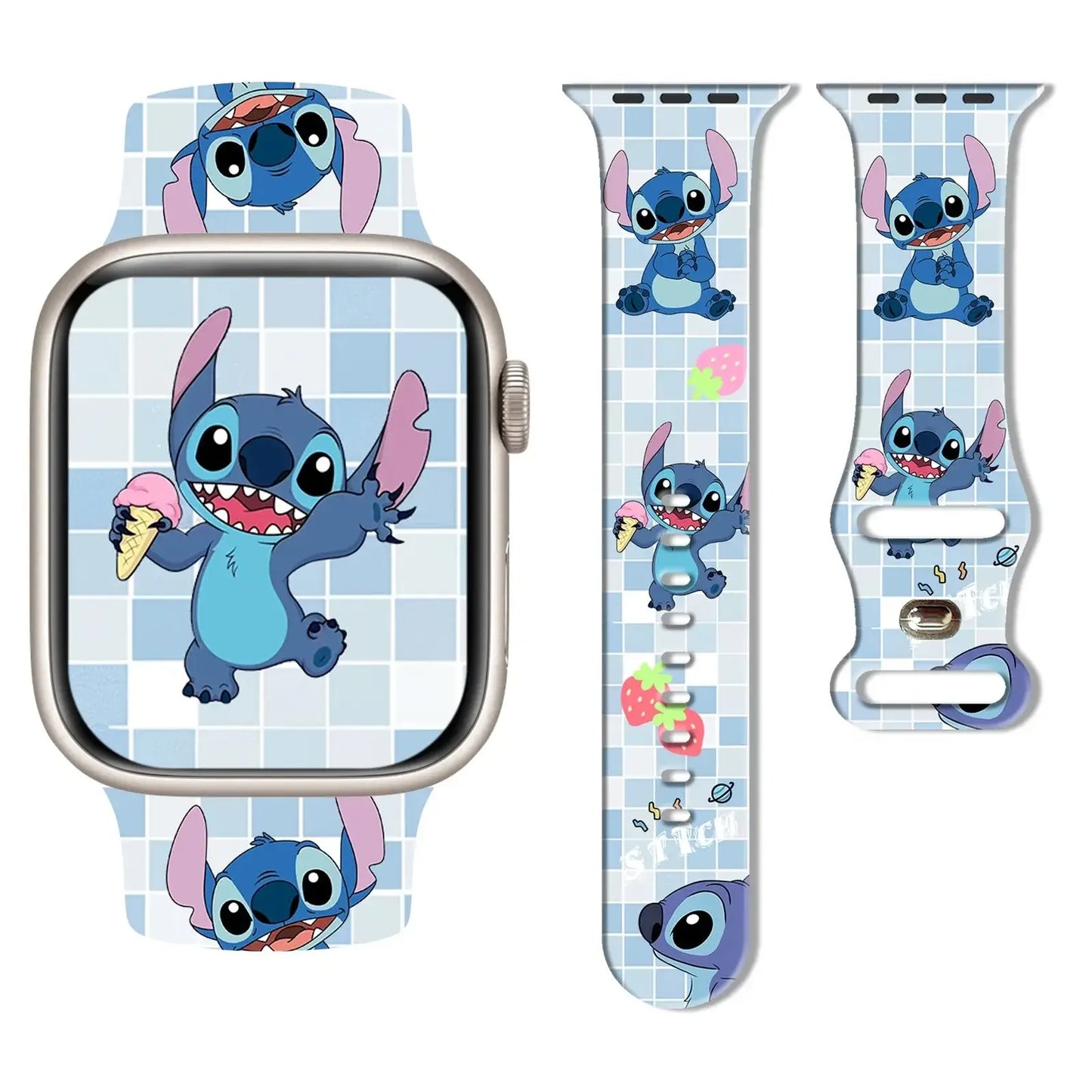 Bracelet apple watch silicone souple bleu avec motif grille clair et personnages cartoon apple watch stitch