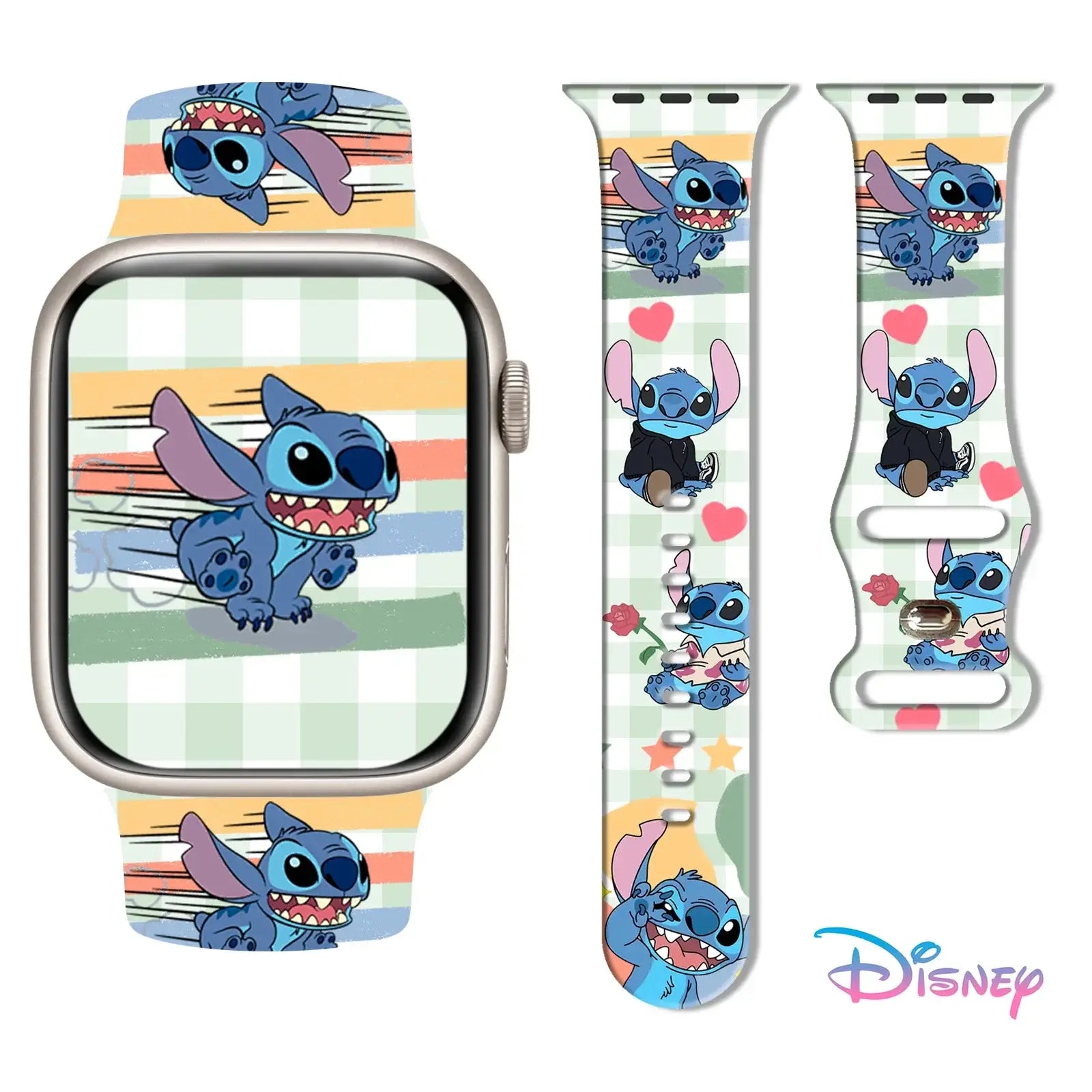 Bracelet apple watch stitch en silicone souple bleu à coutures avec illustrations cartoon colorées et accents cœur