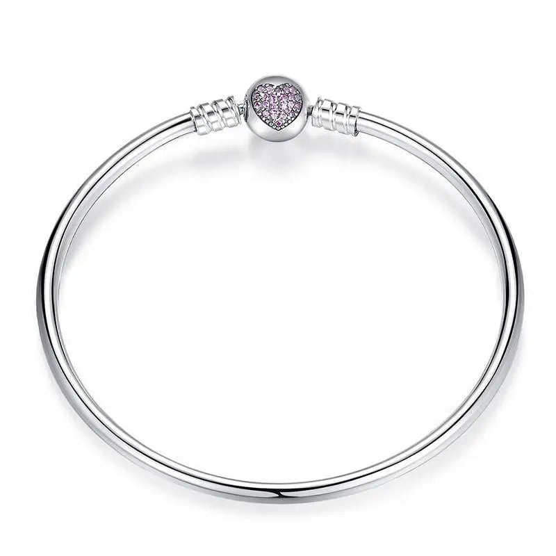 Bracelet argent amour en forme de coeur avec cristal rose pavé et fermoir en métal poli en argent