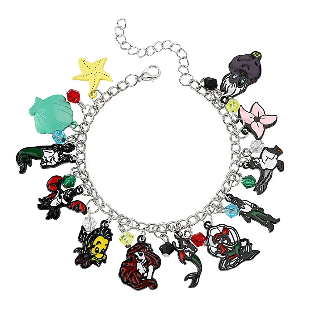 Bracelet breloques disney la petite sirene en argent avec breloques enamel colorées personnages emblématiques