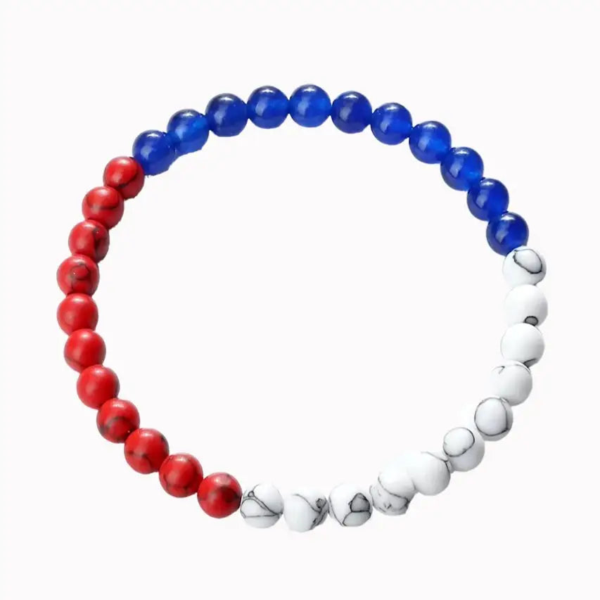 Bracelet pierres naturelles palestine avec pierres rouges, bleues et blanches marbrées pour une touche d’authenticité