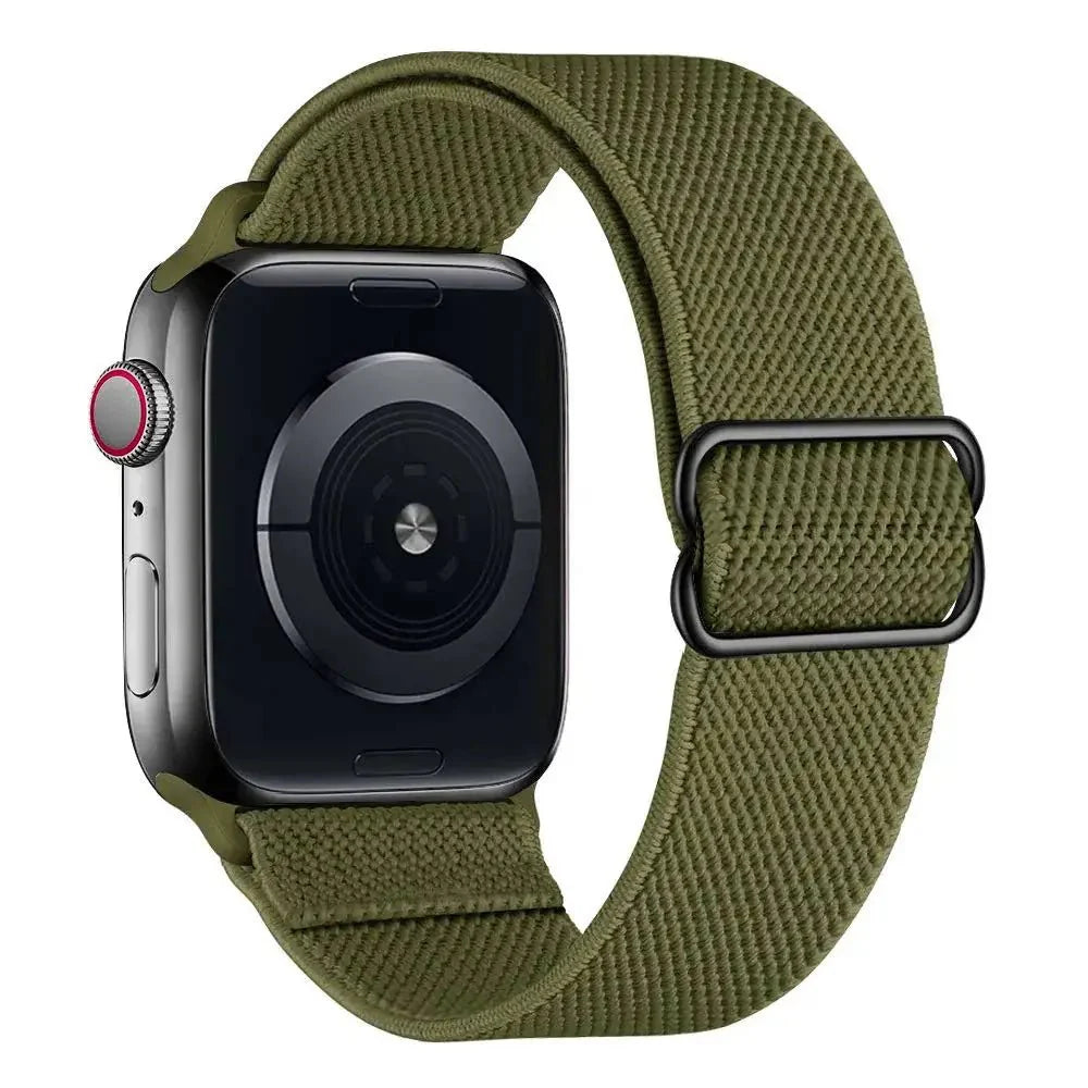 Bracelet pour apple watch tissu tissé olive en polyester tissé doux avec boucle en acier inoxydable noir