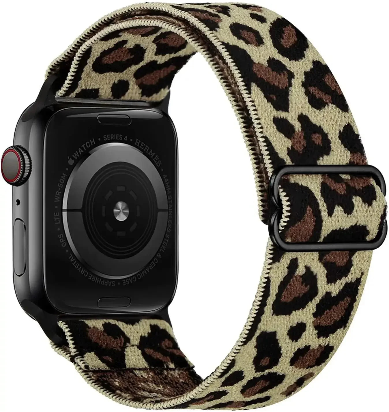 Bracelet tissu tissé leopard pour apple watch series 4 en polyester tissé doux beige et marron avec boucle en acier inoxydable noire