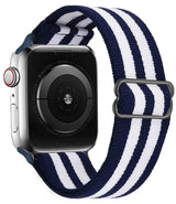 Bracelet pour apple watch tissu tissé en polyester tissé doux bleu marine et blanc avec boucle en acier inoxydable