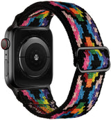 Bracelet tissu tissé pour apple watch series 4 avec base noire en polyester tissé doux et motif pixel arc-en-ciel acier inoxydable
