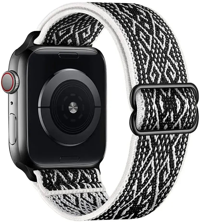 Bracelet pour apple watch tissé noir et blanc en polyester tissé doux avec boucle en acier inoxydable noir