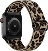 Bracelet pour apple watch series 4 en tissu tissé léopard beige et marron avec polyester tissé doux et acier inoxydable