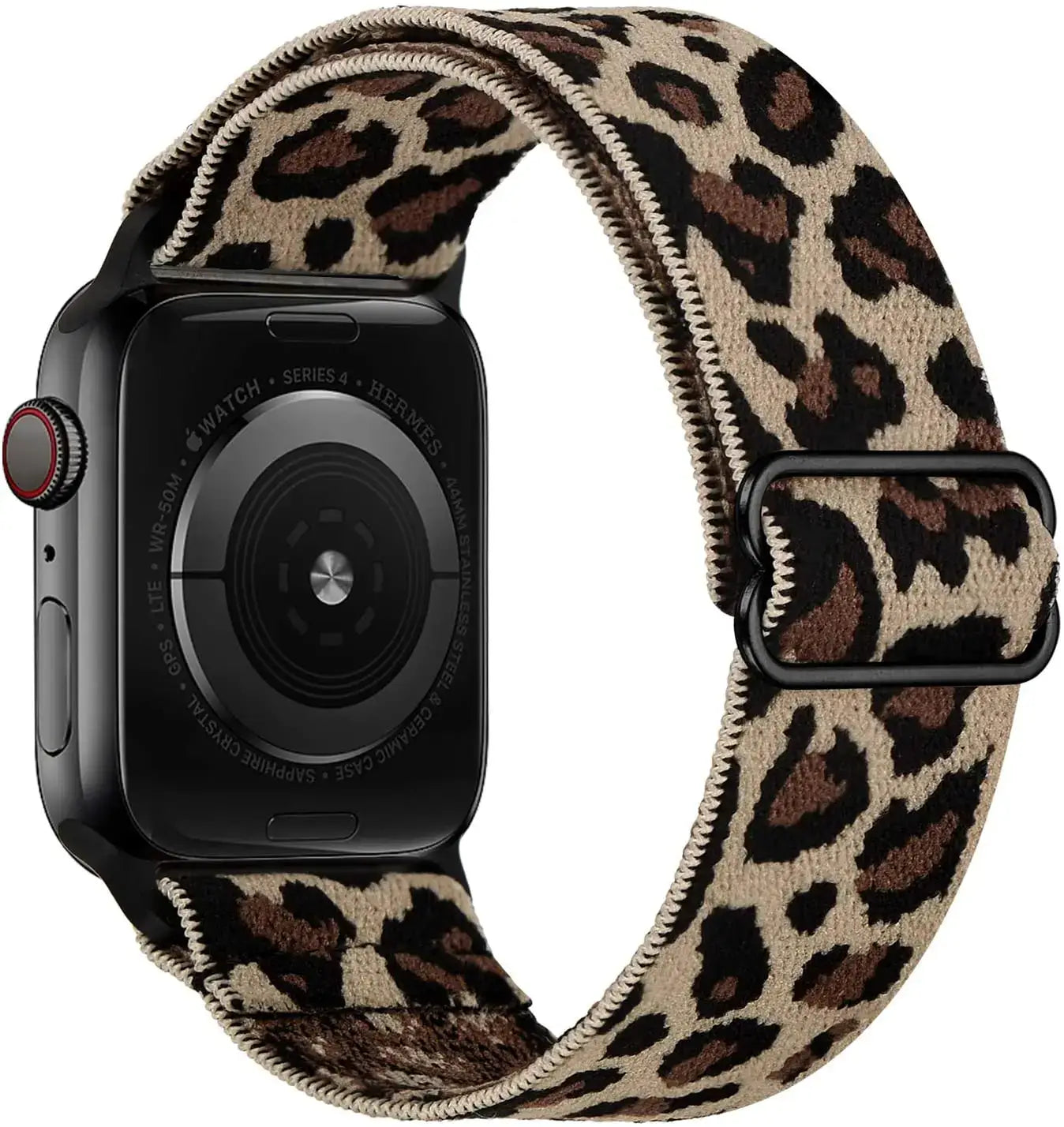 Bracelet pour apple watch series 4 en tissu tissé léopard beige et marron avec polyester tissé doux et acier inoxydable
