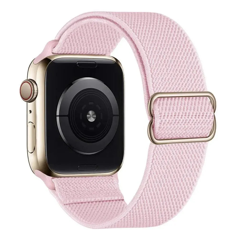 Bracelet tissu tissé pour apple watch en polyester tissé doux rose avec boucle et fermoir en acier inoxydable doré