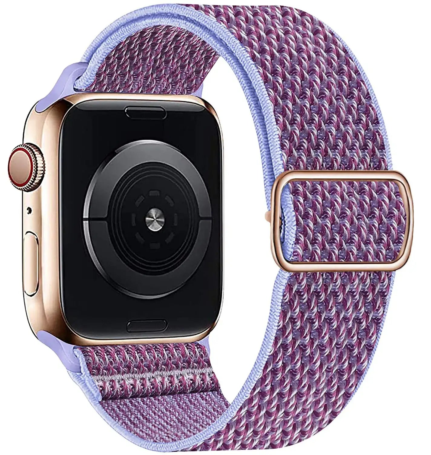 Bracelet pour apple watch tissu tissé en polyester tissé doux violet avec boucle en acier inoxydable finition or rose