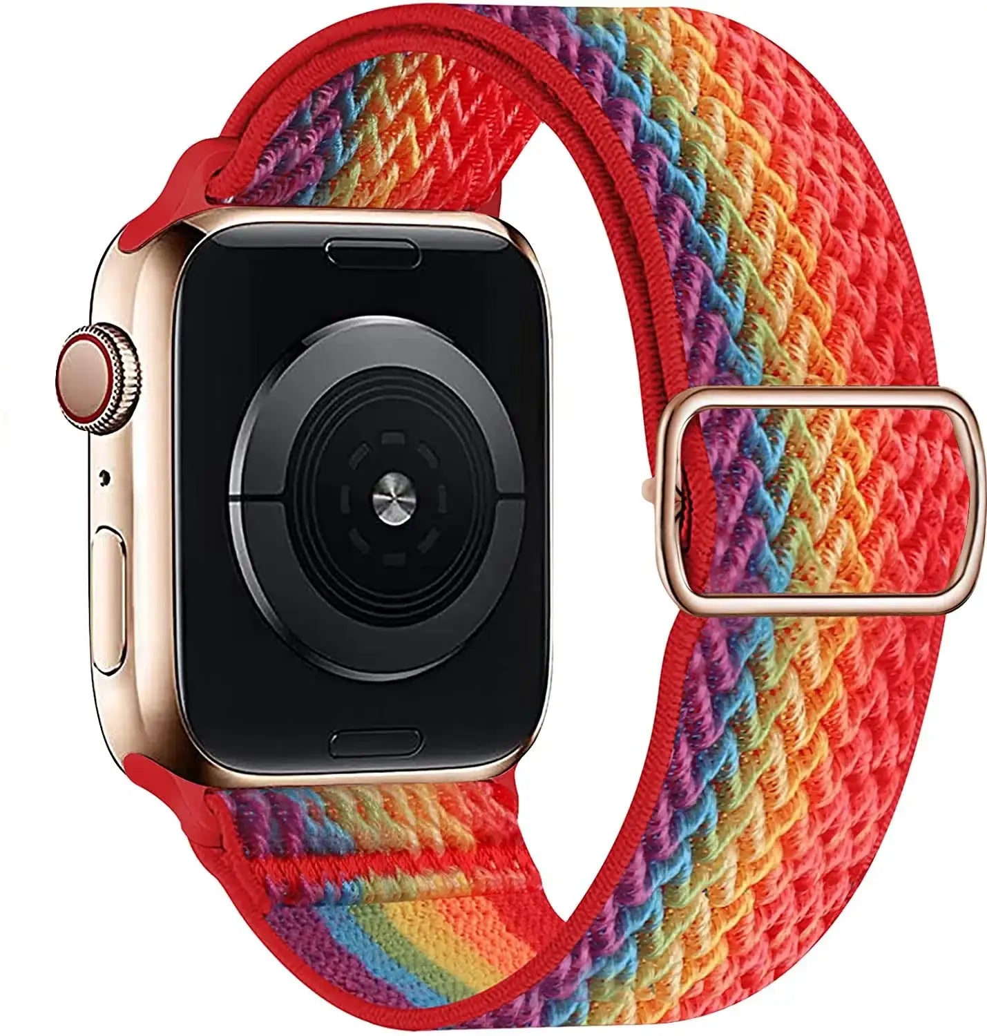 Bracelet pour apple watch tissu tissé arc-en-ciel en polyester tissé doux avec boucle et acier inoxydable doré