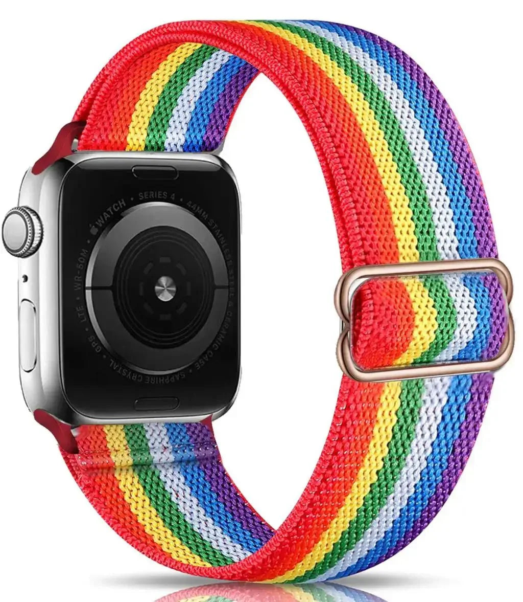 Bracelet pour apple watch tissu tissé arc-en-ciel en polyester tissé doux avec boucle en acier inoxydable doré