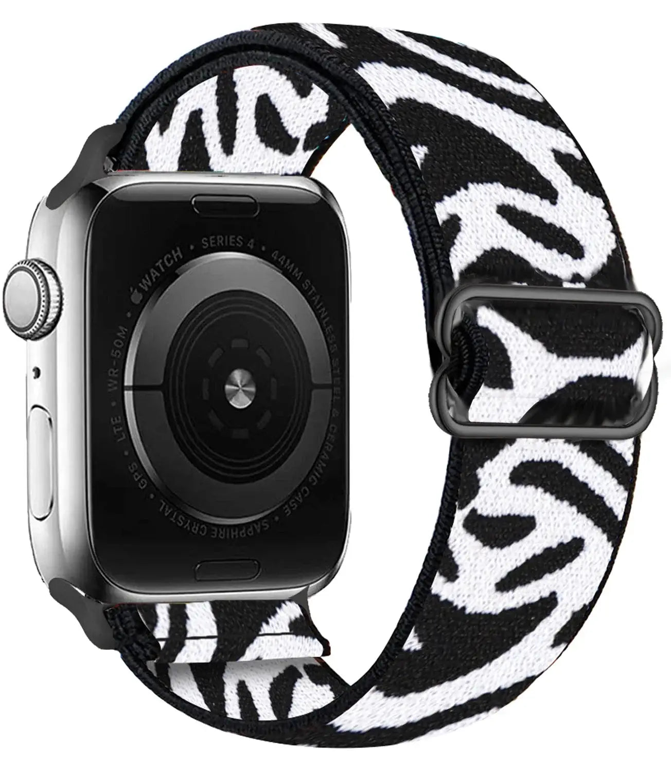 Bracelet pour apple watch tissu tissé noir et blanc avec boucle en acier inoxydable mat et polyester tissé doux