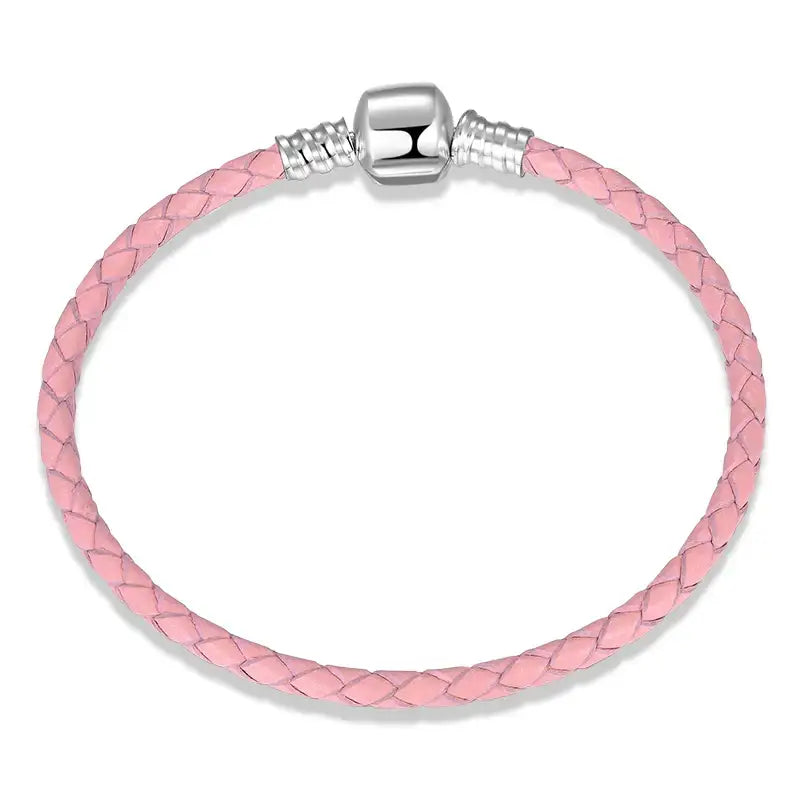 Bracelet tressé femme en cuir rose avec fermoir argenté pour un bijou élégant au confort optimal