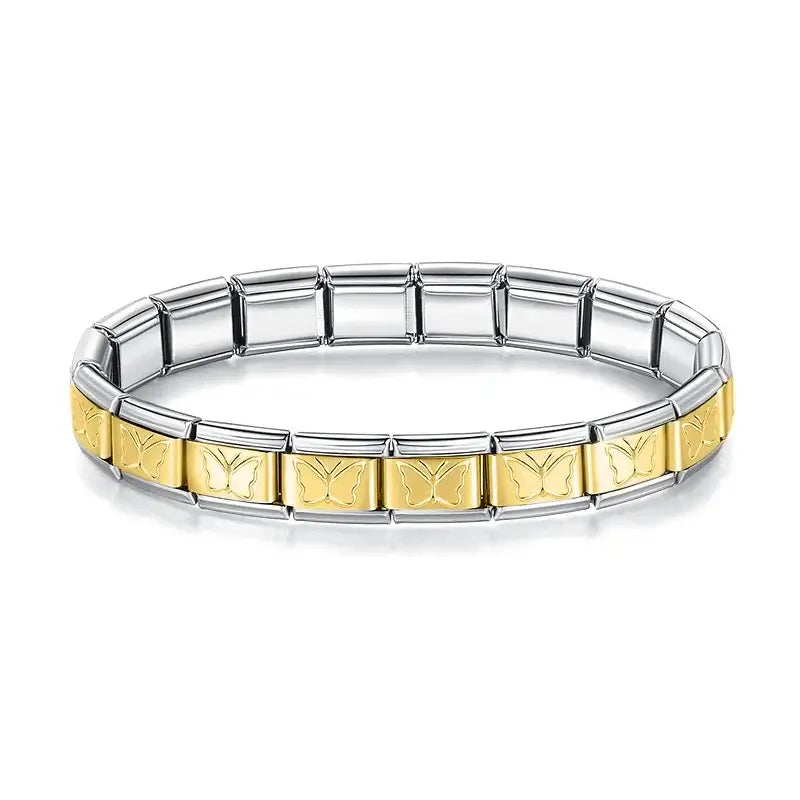 Bracelet hapiship en argent doré avec maillons rectangulaires entrelacés et charme papillon bicolore or et argent