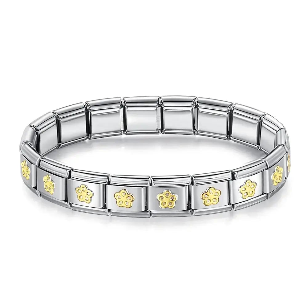 Bracelet hapiship en argent doré avec maillons rectangulaires et motifs trèfle délicats, bracelet charms hapiship