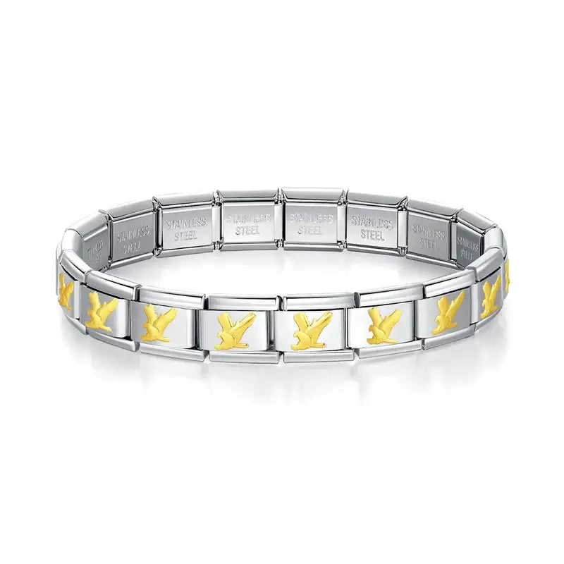 Bracelet hapiship en acier inoxydable argenté et doré avec motif oiseau répétitif pour bracelets charms hapiship
