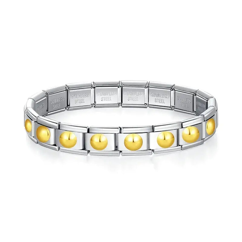 Bracelet hapiship en acier inoxydable argenté et doré avec maillons rectangulaires polis et perles dorées rondes