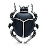 Broche scarabée bleu élégant en métal argenté avec bague noire en forme de scarabée et pierres précieuses noires