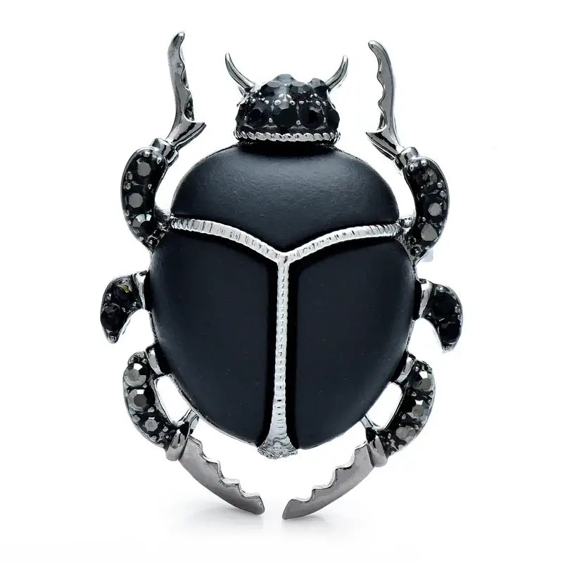 Broche scarabée bleu élégant en métal argenté avec bague noire en forme de scarabée et pierres précieuses noires