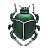 Broche scarabée bleu élégant en métal argenté avec pierres émeraude et forme de coléoptère bijou unique