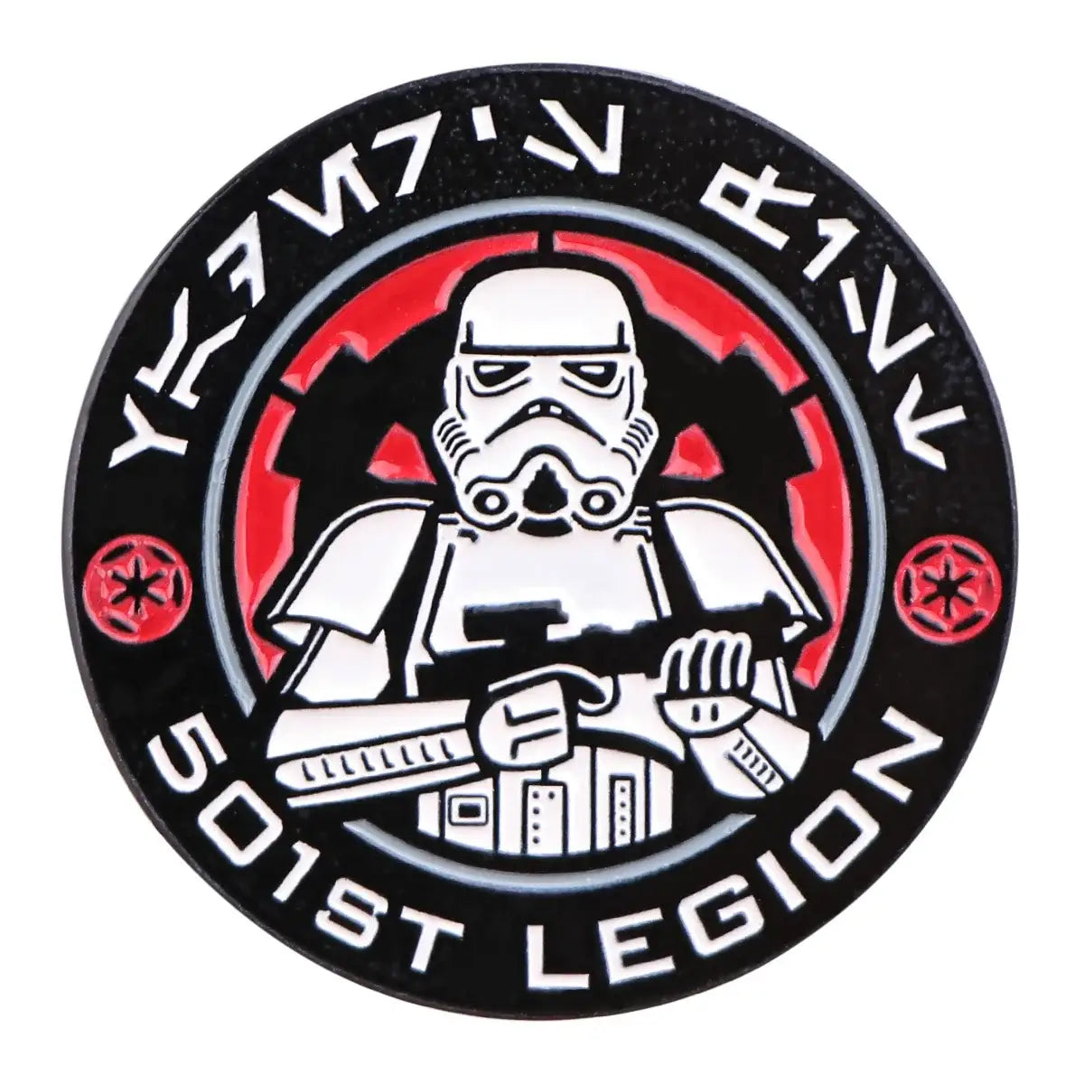 Broches star wars noir en émail avec stormtrooper blanc tenant un blaster et insigne galactic empire rouge et noir 501st legion