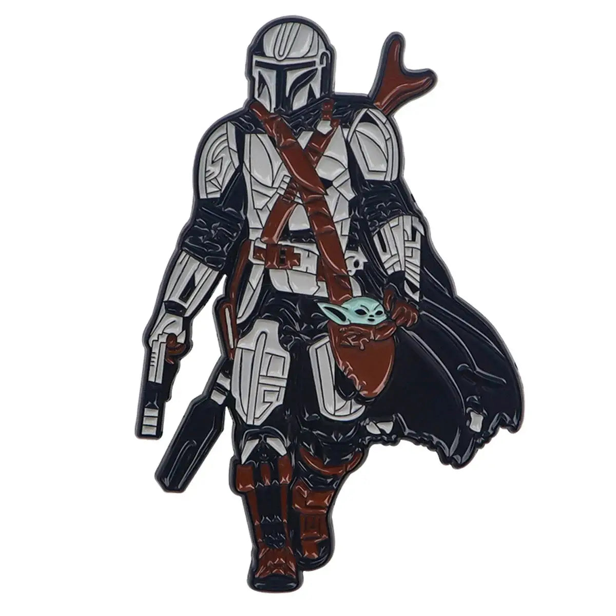 Broches pins star wars représentant le mandalorian en armure blanche et noire avec accents rouges tenant grogu