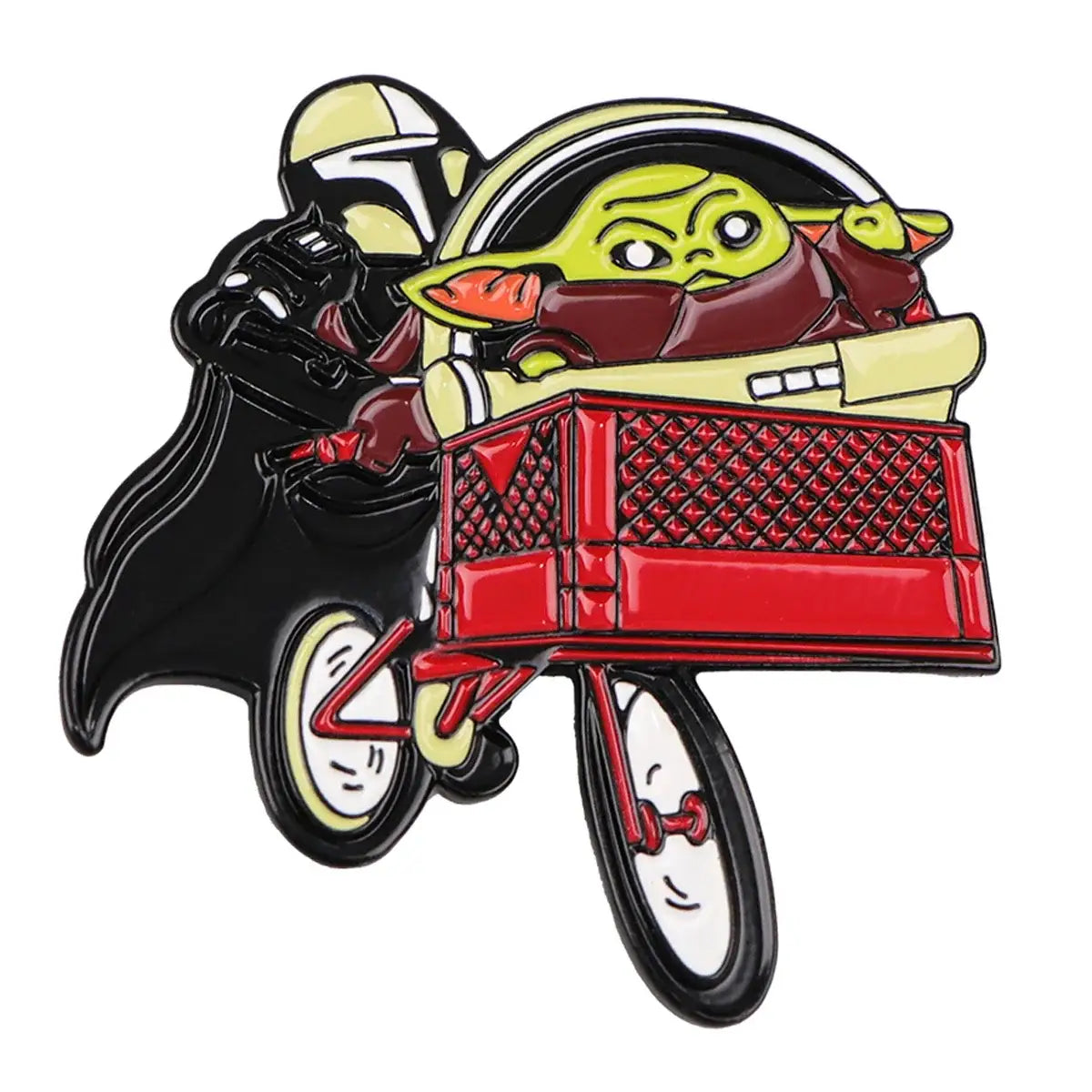 Broches pins star wars en émail rouge vibrant avec grogu dans un panier avant sur une moto noire et jaune avec le mandalorian