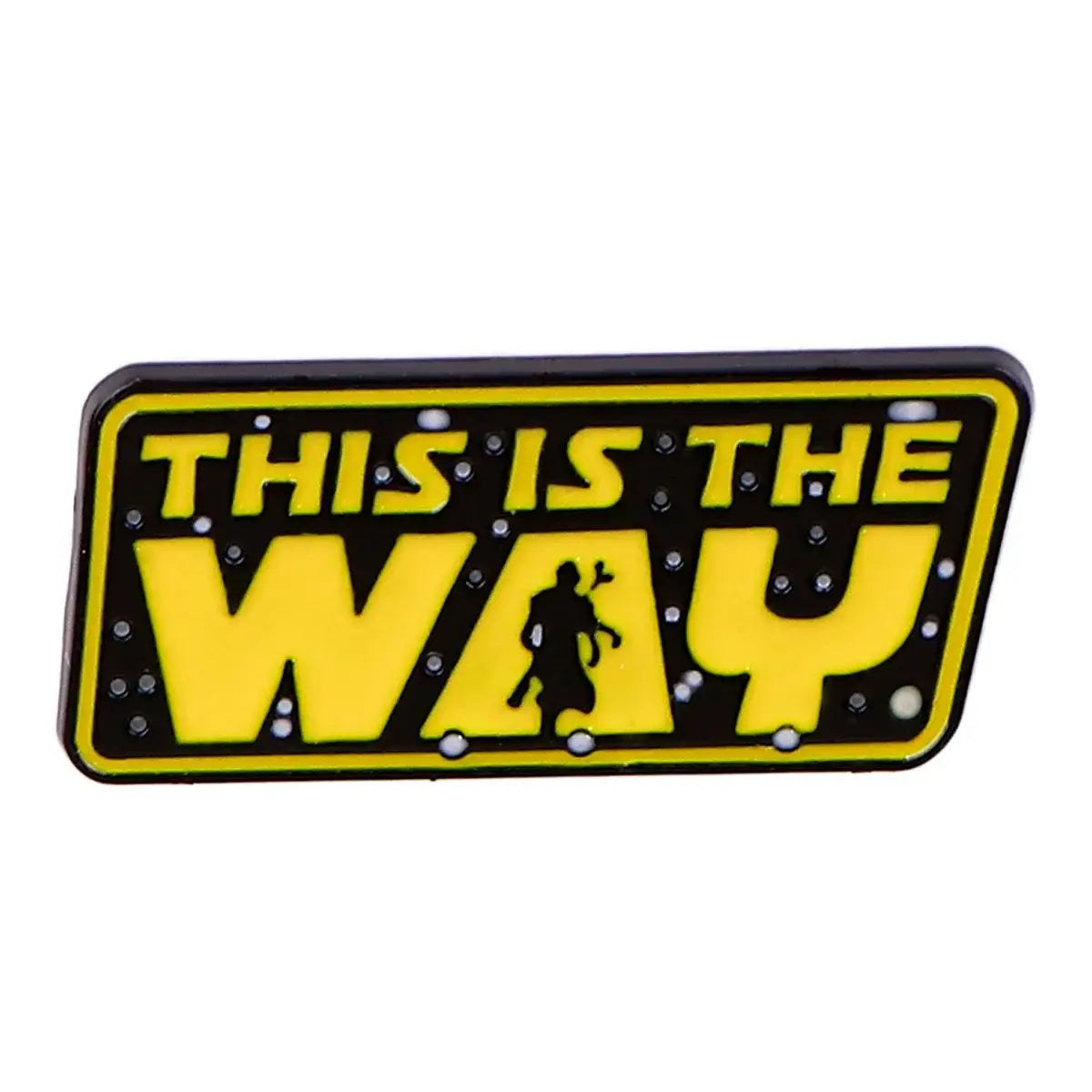 Broches pins star wars jaune et noir avec la phrase this is the way et silhouette dans le a orné de points argentés