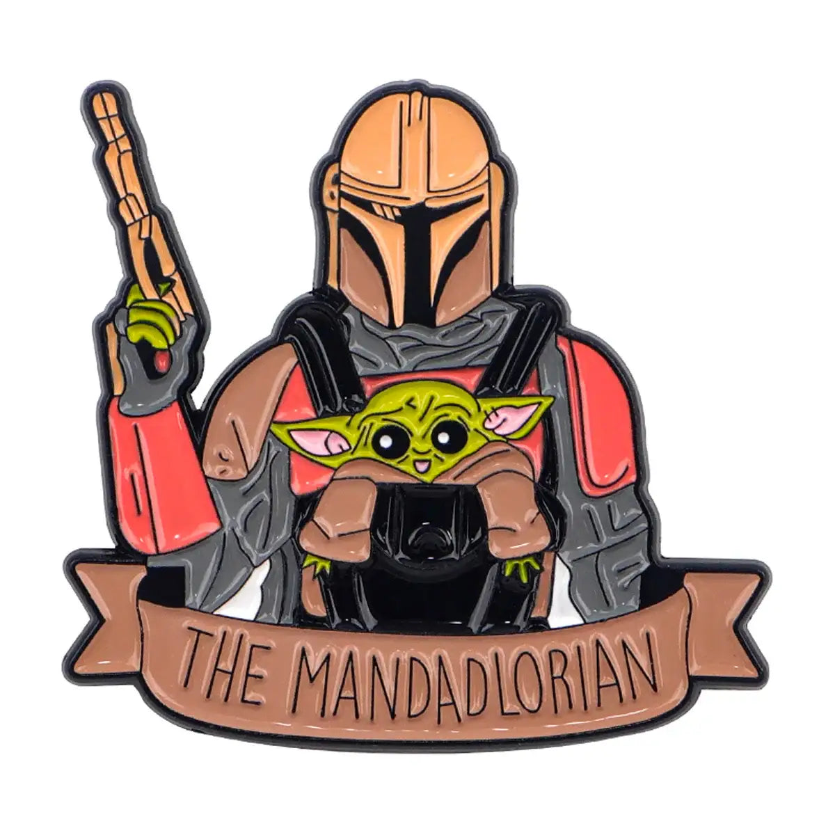 Broches pins star wars en émail métallique représentant le mandalorian en armure avec grogu et bannière