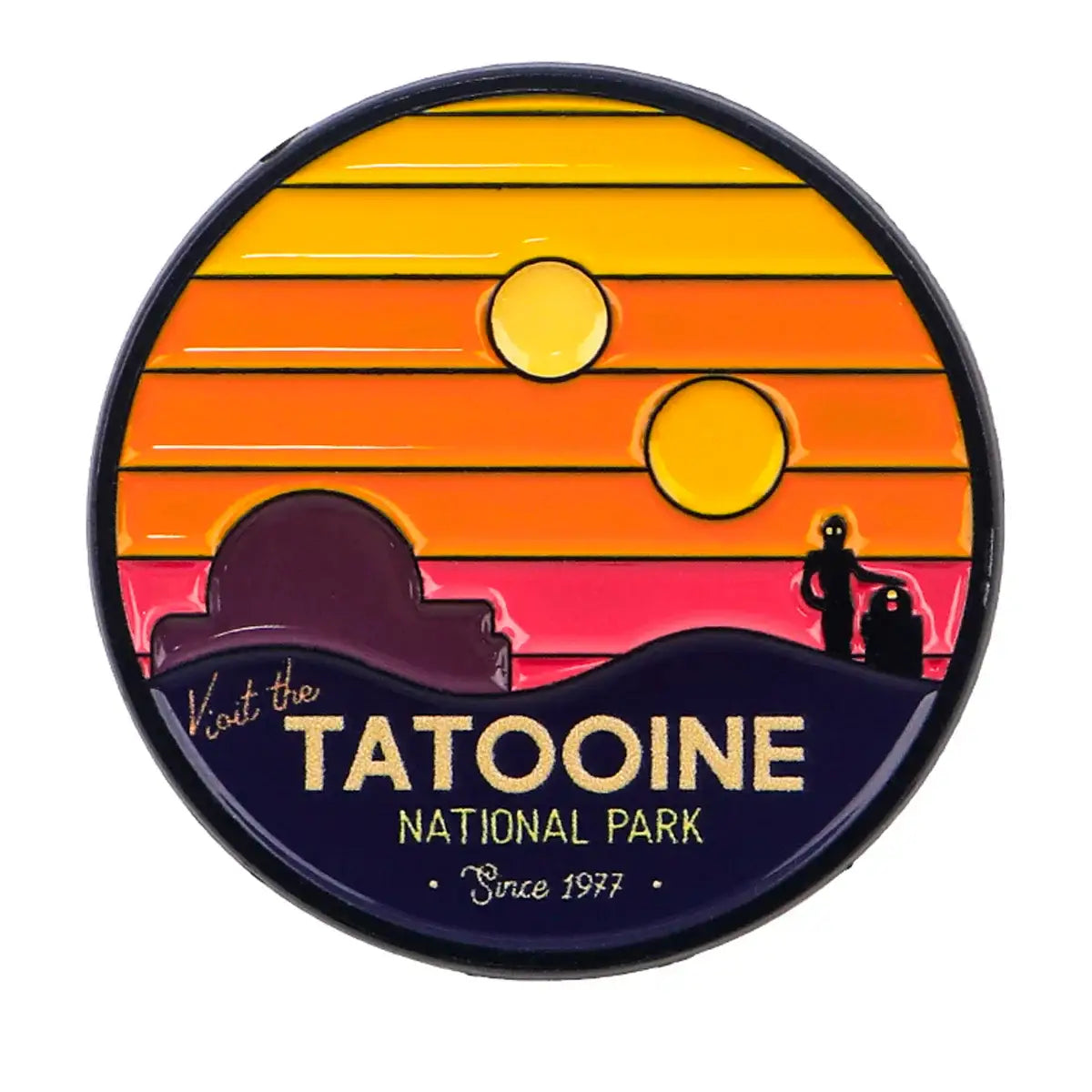 Broches pins star wars circulaires en émail avec design rétro soleil jaune sur collines violettes tatooine