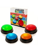 Ensemble de quatre buzzers sonores colorés en plastique brillant pour quiz lumineux et soirées jeux