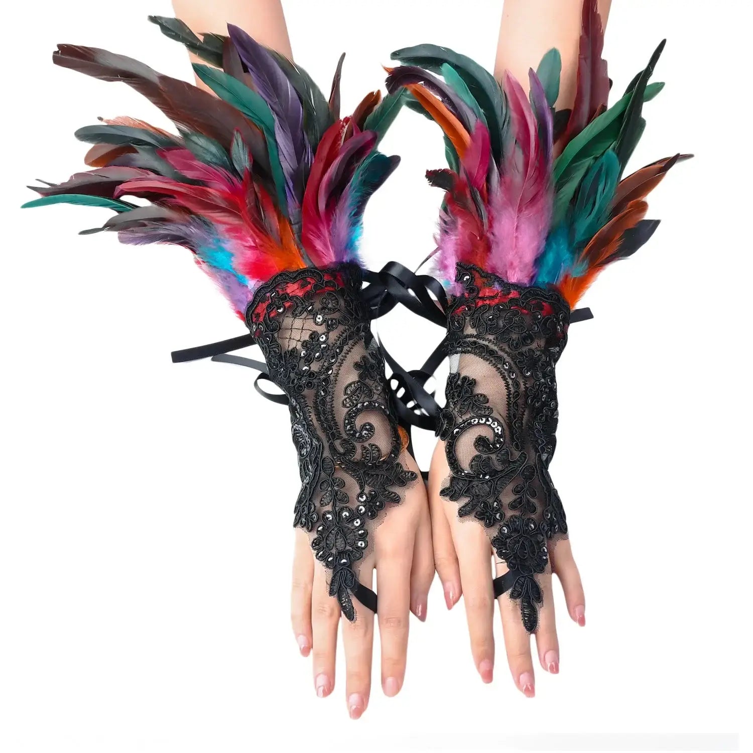 Mitaines élégantes noires en dentelle avec sequins et plumes multicolores pour un bal masqué plumes bal