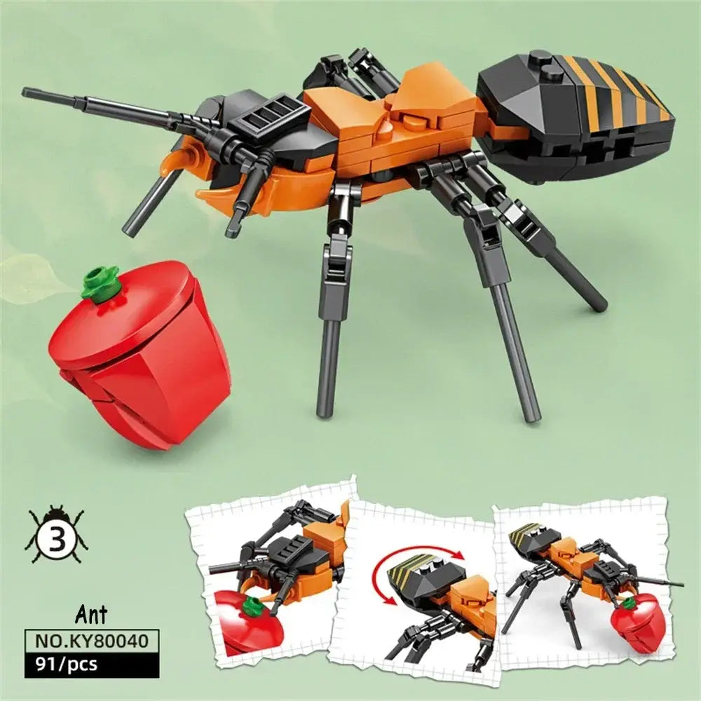 Lego moc insectes forêt avec insecte en plastique orange et noir portant un objet tomate rouge en bouche