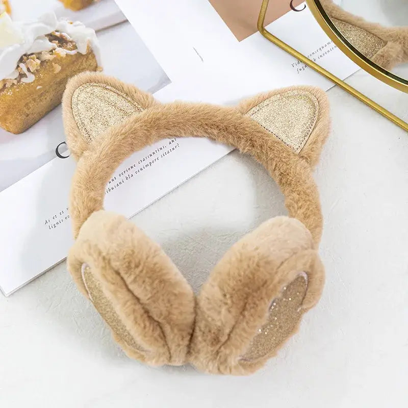Cache oreilles fillette fourrure en fausse fourrure beige doux avec oreilles pailletées or scintillant