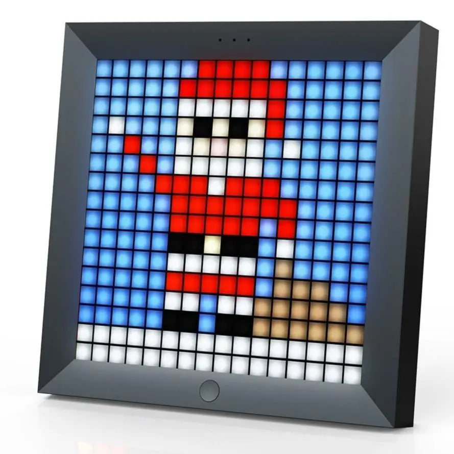 Cadre photo numérique led pixel art moderne affichant un père noël rouge et blanc lumineux sur fond bleu